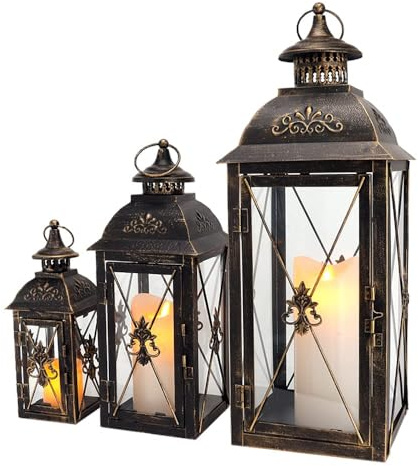 TRIROCKS Set de 3 Faroles Decorativos para Vela 49/34/24cm Alto, Soportes de Metal Vintage con Vidrio Templado para Sala, Jardín y Eventos (Negro)