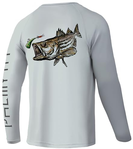 Palmyth Fishing Shirts for Men Long Sleeve UPF 50+ T Shirt Sun Protection Tee (Gray/Striped Bass, 2XL