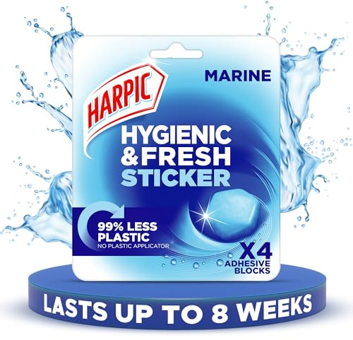 Harpic Hygienic Fresh Sticker Adhesive Toilet Block, Marine, Pack 1 x 4 stickers, Toilet Freshener, No Plastic Applicator, Up to 8 weeks of Freshness