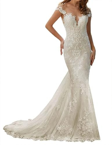 Pizzo Lungo Mermaid Abiti da Sposa Backless Tulle con Treno Sirene, BLPOTA, Bianco, 38
