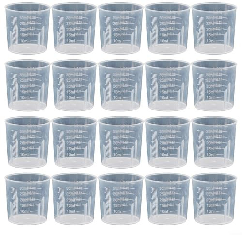 Vasos medidores de plástico, juego de 20, báscula dual fácil de leer, apto para laboratorios (30 ml)