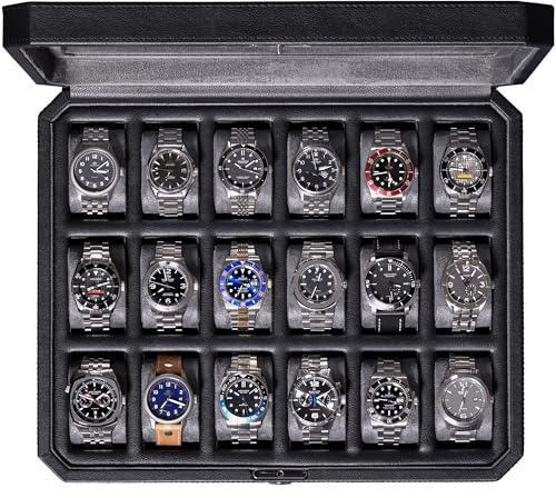 ROTHWELL Caja de reloj con 18 ranuras, caja de reloj de lujo para hombre, placa de cristal auténtico, con cerradura, elegante expositor de reloj para colecciones, color negro y gris