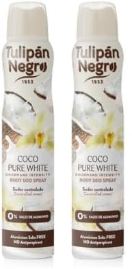 Tulipán Negro Desodorante Spray Coco Pure White 200 ml, 0% Sales de Aluminio, Sudor Controlado (Paquete de 2)