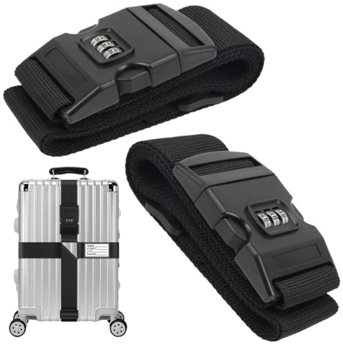 Lot De 2 Pièces Sangles De Bagage Avec Cadenas Pour Valise, Sangle De Valise Avec Code À 3 Chiffres - Étiquette Nominative Incluse - Noir, Haute Sécurité