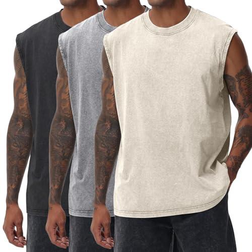 Yimoon Mens Tank Tops Workout Sleeveless Shirts Cotton Acid Wash Tees Loose Gym Muscle Shirts, Black+Grey+Beige, Large