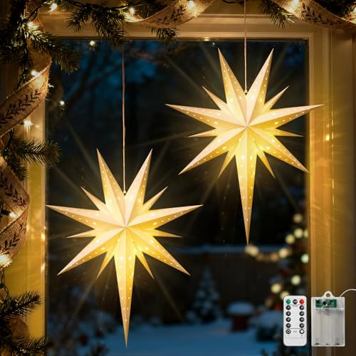 Luxspire Christmas Paper Star Lantern, 2 Pack Hanging Paper Snowflake Lights with LED Light Beads Remote Control, Foldable Decorative Papers Lantern Lights for Christmas Holiday Party, Bethlehem Star