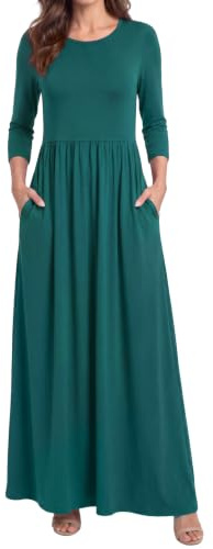 Enmain Maxi Dress for Women Casual 3/4 Sleeve A-Line Dresses with Pockets Winter Elegant Classic Round Neck Tunic Wedding S-3XL