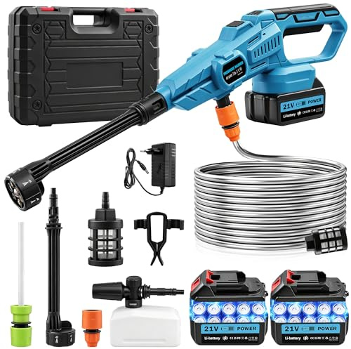 Dibaful Idropulitrice Potente Rondella ad alta pressione a batteria con 2 batterie da 3000 mAh max 120 bar portatile senza spazzole pistola con spruzzatore multifunzione 6 in 1 ugello per auto