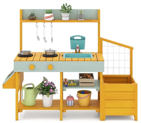 RELAX4LIFE Cucina Giocattolo per Bambini, Cucina da Gioco in Legno con Fioriera, Lavandino Estraibile, Rubinetto, Fornelli e Utensili da Cucina Gioco da Esterno per Bambini 3-8 Anni (Giallo)