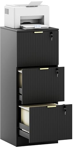 HOMCOM 3 Drawer Filing Cabinet, Fluted Vertical File Cabinet with Lock and Adjustable Hanging Rails for A4 and Letter Size Files, Printer Stand with Storage, Black