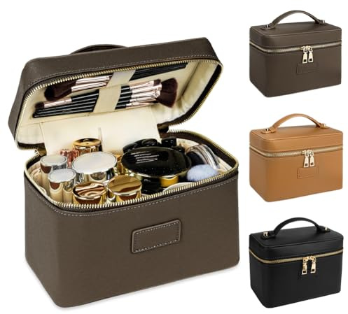 ALIIP Borsa per il Trucco, Borse da Toilette Impermeabile in Pelle PU, Borsa Cosmetica Portatile, Organizer da Viaggio di Grande Capacità, per Donne e Ragazze-Caffè