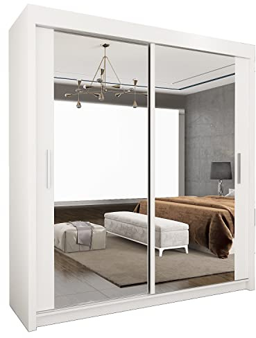 UK SLIDING 2&3 Sliding Door Wardrobe - Modern Wardrobe with Full-Length Mirror, Hanging Rail & Adjustable Shelves | Matt Finish Bedroom Wardrobes with Strong Mdf Construction (White, 203cm)