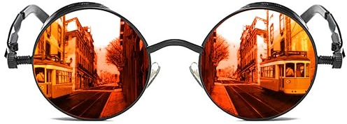 ROCKNIGHT Gothique Steampunk Lunettes de soleil rondes polarisées UV400 Unisexe Rétro, Monture noire/verres rouges, M