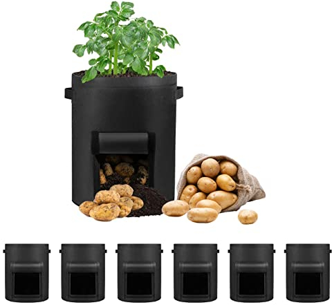 LITLANDSTAR 6 Stück 10 Gallonen Kartoffel Pflanzsack, Kartoffel Pflanzsack aus Vliesstoff mit Sichtbarer Klappe und Griffen für Pflanze Tomaten, Kartoffeln, Gemüse und Blumen（35 x 40 cm, Schwarz）