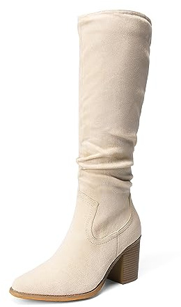 DREAM PAIRS Women's Knee-High Boots, Comfortable Chunky Block Heel Pointed Toe Pull On Side Zipper Suede Slouch Riding Boots,Size 10,Beige,SDKB2308W