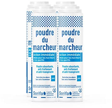Sorifa – Lote de 4 – Polvo del caminante – Antitranspirante – Absorbente – Pies – Reduce el sudor – Elimina olores y micosis – Sin sales de aluminio – Fabricado en Francia – Polvo de 100 gr