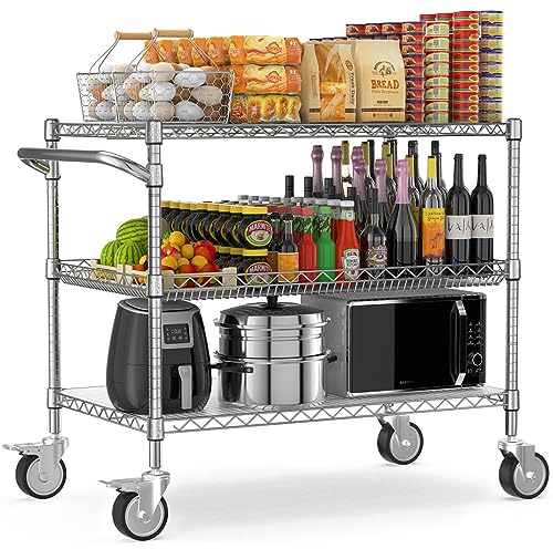 Leteuke Heavy Duty Rolling Utility Cart, 45 Inch Kitchen Carts with Wheels, NSF Commercial Grade with Handle & Shelf Liners, 1120LBS Storage Cart for Kitchen,Restaurant,Plant Display-Chrome
