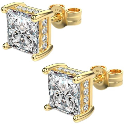 TATCAI 18K White Gold Plated Sterling Silver Princess Cut Square Cubic Zirconia Stud Earrings for Women Men Clear CZ Diamond Stud Earrings (7MM, Gold)