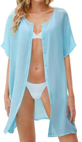 MELLIEX Vestido de Playa Mujer Algodón Camisa Playa con Botones Verano Traje de Baño Bikini Cover Up Suelta Manga Corta Blusa de Playa