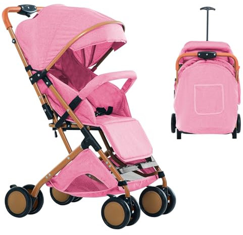 WODFARR Poussette canne compacte, avec position allongée, de la naissance à 4 ans (Jusqu’à 25 kg), Assis ou couché, Poignée réglable, Landau à 4 roues avec Tapis en coton + Moustiquaire (Rose)