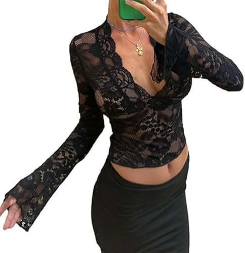 Haibang Haut Dentelle Femme Florale Transparente Crop Top à Manches Longues Haut Moulant Sexy Slim Fit Soirée Top Col en V Élégant T Shirt Décontracté Chemise Mode Streewear Clubwear