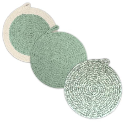 Encasa XO Sottopentola Rotondo Per Piatti Caldi Con Asola Per Appendere | Sage Combo - Set di 3 Con Diametro di 18 cm | Cotone Rotondo Spesso Resistente al Calore | Uso Per Pentole & Padelle Calde