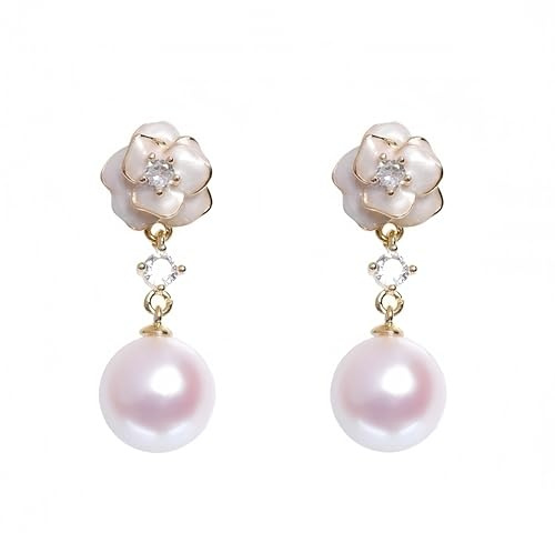 Oivzziy boucles d'oreilles fleur en cristal et perles pour femmes argent 925 plaqué or, clous d'oreilles émail blanc incrusté de zircone cubique 5A et boucles d'oreilles pendantes en perles rose-blanc