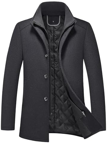 KUDORO Manteau Homme Mi-Long en Laine Chaud pour Hiver Col Montant Trench Coat Classique Parka Pardessus Caban Slim Fit Coup-Vent(Noir,L)
