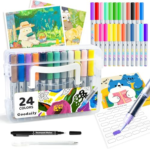 Goodaily Acrylic Paint Pens Water Based - 24 Colors Acrylic Markers with Automatic Ink-Control Brush Tip Paint Pens for Rock Painting Stone Egg Paper, Art Colouring Pens for DIY & Art Supplies