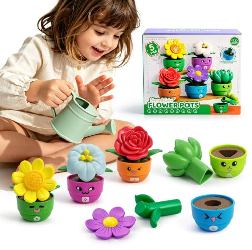 Ninigai Montessori Toddler Spring Flower Toy, Bloom & Learn Garden Set with 5 Shape & Color & Number Flowers, Sensory Pretend Toys for Preschool Early Learning, Toddlers Gift for 1 2 3 Girls & Boys
