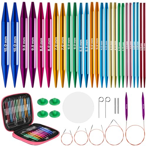13 Paires Aiguille Circulaire Interchangeable, Aiguille à Tricoter en Aluminium, Aiguilles Circulaires Tricot Interchangeable de 3,0-10,0mm, avec 4 Câbles Un Sac et des Accessoires, pour Pull, Écharpe