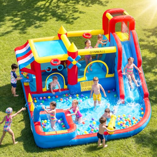 GYMMALL Castello Gonfiabile 10-in-1 Bambini – Supermercato Simulato, Scivolo d'Acqua, Piscinetta, Scivolo Lungo, Trampolino, Ventilatore 550W – Perfetto per Compleanni, Feste, Vacanze