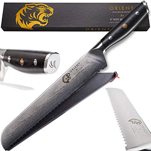 Couteau à pain de 9 - Couteau à pain Damas 23cm, Acier Damascus Acier inoxydable dentelé japonais AUS10, Couteau de chef professionnelle, couteau de pâtissier, Coffret cadeau et protection de lame