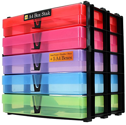 WestonBoxes A4 Box Stak, Stackable Craft Storage Box Unit Including Plastic A4 Storage Boxes with Lids (Multi-Colour, Pack of 1)