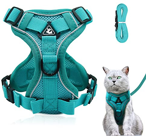 Cat Harness and Lead Set, Adjustable Kitten Harness and Lead Set with Reflective Strips Escape-Proof, Cat Vest Harness with Leash Sets for Cats Dogs Pets Walking (Lake blue, S)