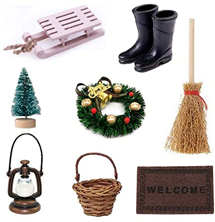Puppenhaus Wichteltür Weihnachten Gartengeräte Zubehör,Miniatur Wichtelhaus Garten Möbel Deko Mini Weihnachtskranz Weihnachtsbaum Schlitten Teppichdecke Schuhe Kehrbesen Öllampe Miniatur Gartenmöbel
