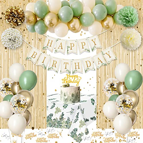 Geburtstagsdeko Grün Gold, Geburtstagsdeko Mädchen Junge, Dschungel Geburtstagsdeko, Avocado Grüne Luftballons Happy Birthday Banner für Frauen Männer Geburtstag Party Deko, Schärpe Geburtstag Kronen