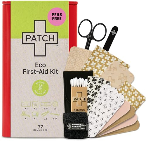 Patch Eco First Aid Kit, Assorted Hypoallergenic Adhesive Sizes Large and Small Bandages for Sensitive Skin, Essential Medical Supplies in a Reusable Tin, Latex Free, Sensitive Skin Bandages, 77 ct