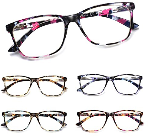 Kerecsen 5 Pack Ladies Reading Glasses Blue Light Blocking Spring Hinge Fashion Pattern Print Eyeglasses for Women (5 Pack Mix Color, 3.00, Diopter)