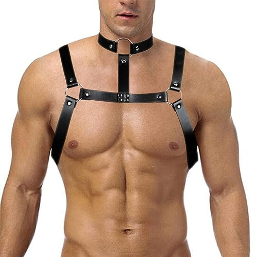 Men's Body Chest Harness Belt with Halter Collar Adjustable Buckles, PU Leather Gothic Chest Harness Bondage Strap with Choker, BDSM Cosplay Fetish Costume Bar Nightclub Clubwear Party Club Masquerade
