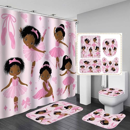 Camille&Andrew 4PCS Cute Black Girl Shower Curtain Set, Ballerina Ballet Dancer Afro Black Woman African American Bathroom Decor, Waterproof Fabric Pink Shower Curtain, Non-Slip Bath Mat Toilet Rug
