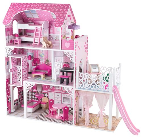 4iQ Group Puppenhaus aus Holz 90x32,5x89cm - Puppenhaus ab 3 Jahre für Mädchen - Puppenhaus Groß XXL mit 3 Etagen und 2 Balkone - Dollhouse mit Möbeln und Zubehör