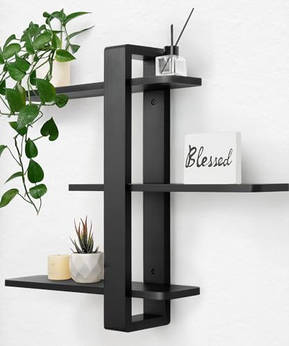 SUMGAR Scaffale da Parete Nero, Scaffali Galleggianti, Scaffale Sospeso Grande, Scaffali Decorativi Pratici a Tre Piani in Legno Massiccio per Soggiorno Camera da Letto, Ripiani Rimovibili