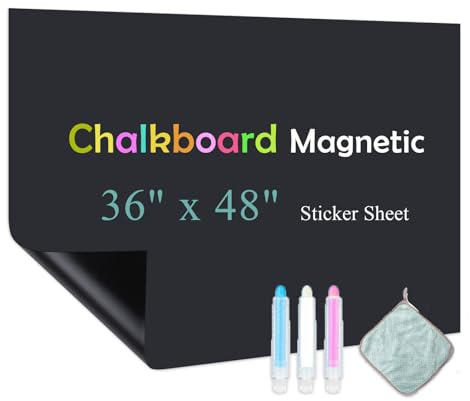 Qiytecno Chalk Board Contact Paper with Adhesive, 36 x 48 Magnetic Chalkboards for Wall, Wallpaper Sheets for School and Kids, Includes Liquid Chalks Markers and Dishcloth and Magnet (Black)
