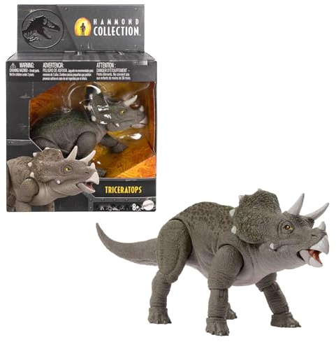 Jurassic World Colección Hammond Figura de acción de dinosaurio, tricerátops juvenil, diseño de película prémium con ojos de cristal y 14 puntos de articulación, Mattel JDJ07