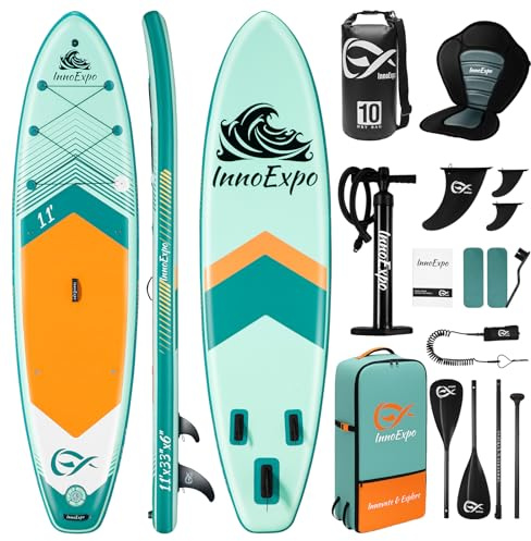 InnoExpo Inflatable Stand Up Paddle Boards with Premium Accessories, Wide Stable SUP Paddle Board Design, Non-Slip Comfort Deck for Youth & Adults (Mint/Kayak Seat, 11'x33''x6'')