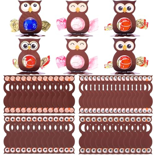 SilTriangle 48 Pcs Owl Party Paper Candy Holders for Back to School Gift Chocolate DIY Sugar Wrapping Decoration with 300 Adhesive Dot for Animal Theme Party Classroom Prize Exchange Gift(Brown)