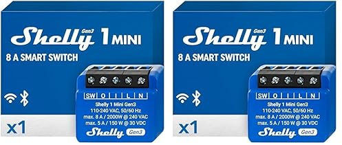 Shelly 1 Mini Gen3, Relé Interruptor Inalámbrico con contactos secos, Wi-Fi y Bluetooth, 1 Canal - 8A, Control remoto de luces, Alexa y Google Home, app iOS Android, No requiere hub (Paquete de 2)