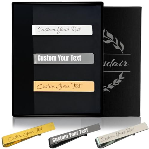 Juego de 3 clips de corbata personalizados para hombre, color dorado, plateado, negro, barra de corbata de metal con caja grabada, metals, Metales (tie-1)