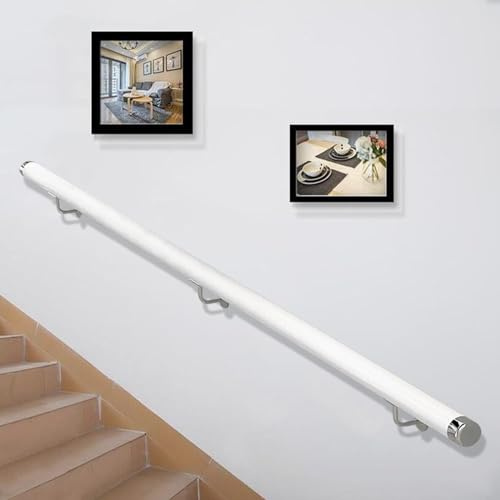 Wooden Stairs Banister Handrail, Non Slip Round Stair Railings Support Rod, Wood Hand Railing with Bracket Stair Grab Bar Kit, Staircase Handrails with Grab Rail Complete (White, 240cm)